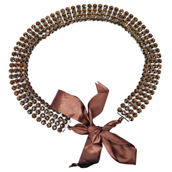 Y2K Retro Brown Rhinestone Waist Belt Multi-row Satin Tie‎ Bow Sz L XL 1X 2X - Picture 2 of 12